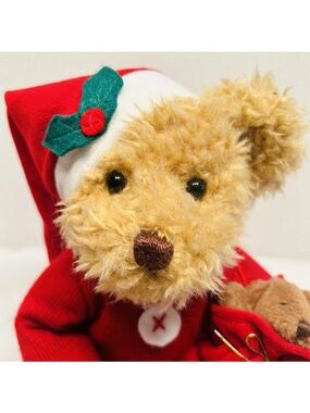 Vintage RUSS BERRIE & Co “Steiff Look” Christmas Santa Bear Red Sweater & puppy